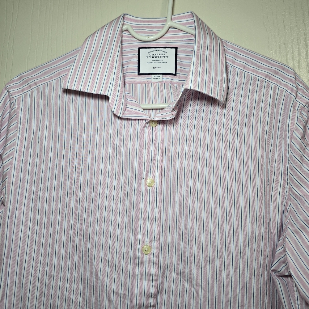 Men‎ Charles Tyrwhitt dress shirt Pink Blue size 16/34 used - Picture 2 of 8